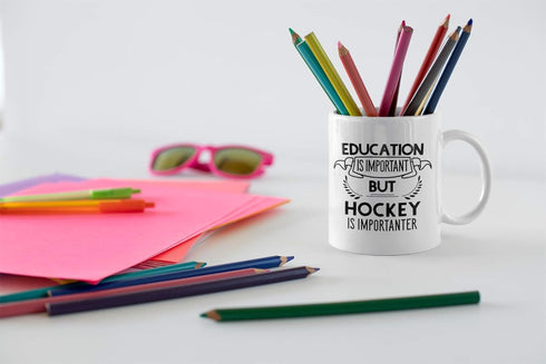 Funny Education Is Important But Hockey Is Importanter 11 oz Coffee Mug. Gift Idea For Players or Sports Fan. (White)...
