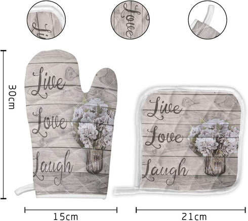 Set of Oven Mitt and Pot Holder,Oven Gloves Heat Resistance Non-Slip Surface for Kitchen BBQ Cooking Baking Grilling, Live Love Laugh Vintage Hydr...