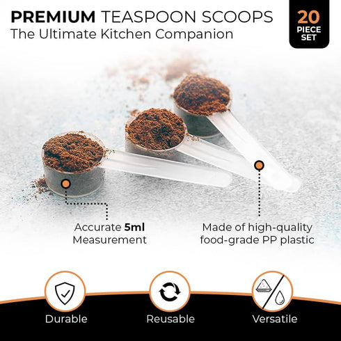 20 Measuring Spoons Set with Short Handle - 1 Teaspoon (5 ML) Clear Plastic Scoops for Creatine, Coffee, Grains, Spices, Powders, and Other Dry Go...