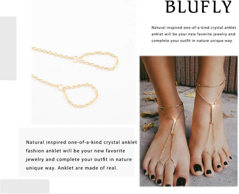 2PC Layered Crystal Anklets Gold Rhinestone Bar Ankle Bracelet Foot Chain Boho Toe Ring Beach Anklets Barefoot Sandals Decorative Jewelry for Wome...
