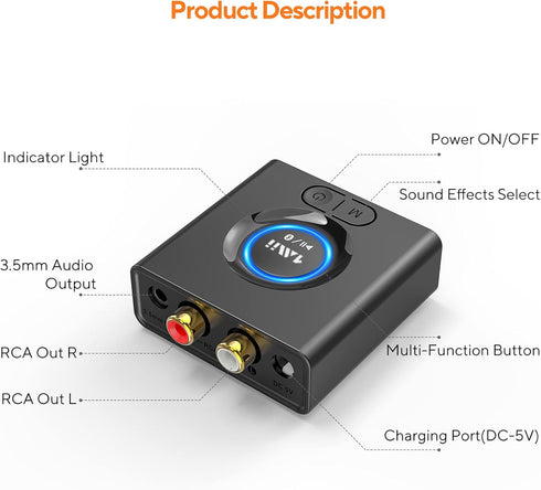 1Mii Bluetooth 5.0 Audio Receiver, Wireless Audio Adapter for Home Stereo Music Streaming System with 3.5 mm RCA, Bass Mode, 12hrs Playtime(Upgrad...