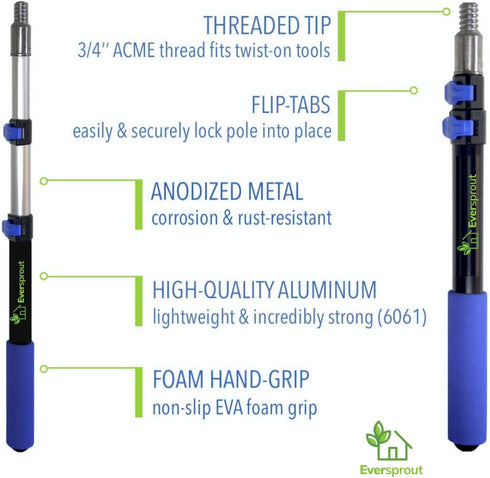 EVERSPROUT 1.5-to-3 Foot Telescopic Extension Pole | Lightweight Sturdy Aluminum Handle | Easy to Use Flip-Tab Lock Mechanism | Twist-On Metal Tip...