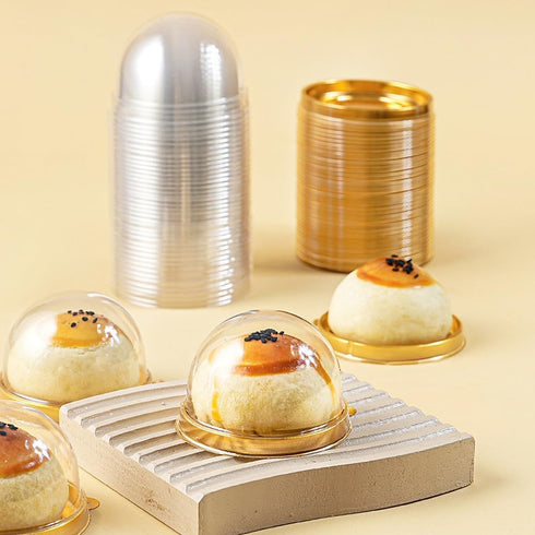 Zezzxu 50 Pack Mini Cake Containers, Clear Plastic Small Cupcake Boxes with Dome Lids for Individual Chocolate Covered Cookies, Strawberry, Moonca...