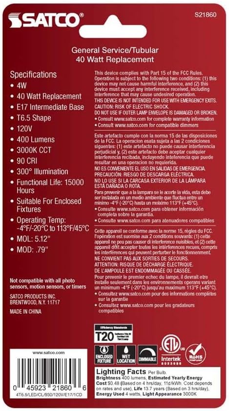 Satco 21860-4T6.5/LED/CL/930/120V/E17/1CD Tubular (S21860) Intermediate Screw Base Exit Light Bulb...