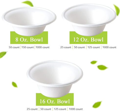 three leaf 8OZ. (240ml) BAGASSE BOWL, 50 Ct. Heavy-Duty- Super Strong- Natural- Eco-Friendly Disposable Bagasse Bowl, 100% Biodegradable 8 Oz. Bow...