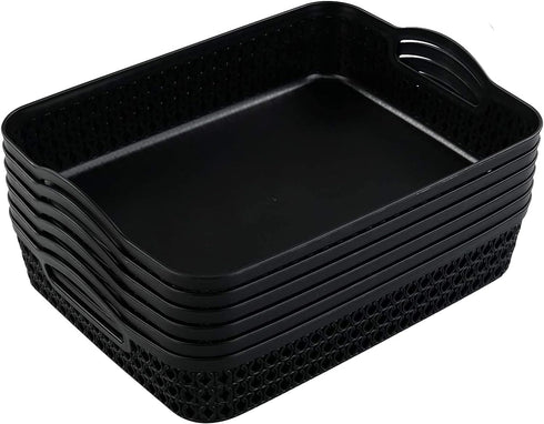 Large Plastic Storage Basket Tray with Handle, Black, Pack of 6...