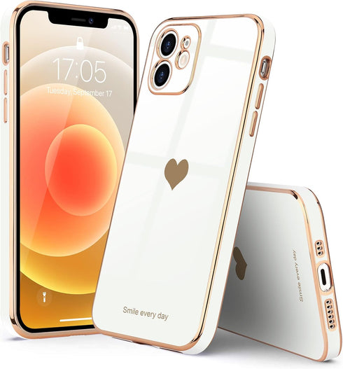 Teageo Compatible with iPhone 12 Case for Women Girl Cute Love-Heart Luxury Bling Plating Soft Back Cover Raised Full Camera Protection Bumper Sil...