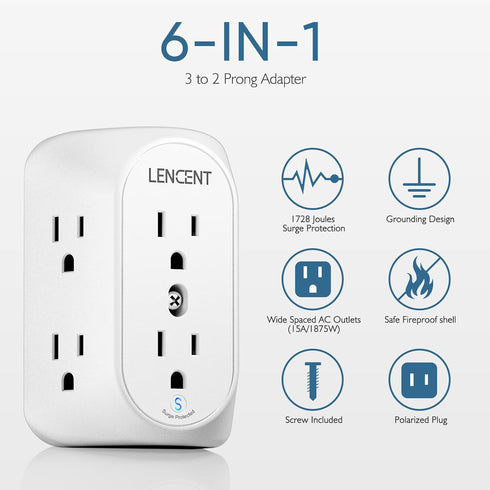 LENCENT 2 Prong Power Strip, 3 to 2 Prong Grounding Outlet Adapter, Polarized Plug, Surge Protector, 3-Sided 6 Outlets Widely Spaced Extender, Mou...