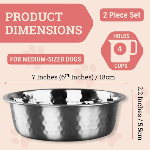 2pcs Stainless Steel Dog Bowls, Hammered Thickened Metal Dog Bowl Feeding or Water Bowls for Small/Medium/Large Sized Dogs & Cats Stackable Metal ...