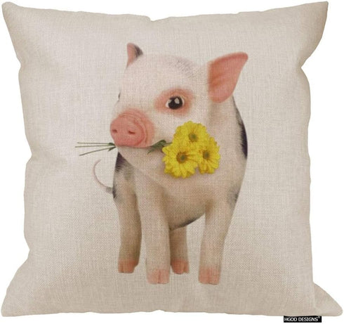 HGOD DESIGNS Cotton Linen Square Decorative Throw Pillow Case Cushion Cover Cute Pink Pet Miniature Pig Yellow Daisy 18 "X 18 "...