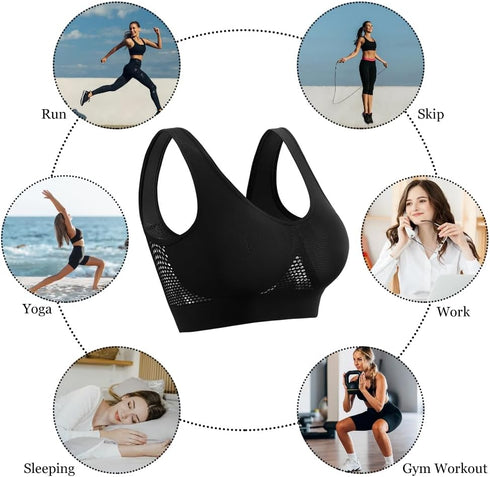 Breathable Cool Liftup Air Bra, Bras for Women, Sports Mesh Cutout Bra, Plus Size Loose Fitting Bra, Suitable for Yoga, Running, Fitness (Black 2X...