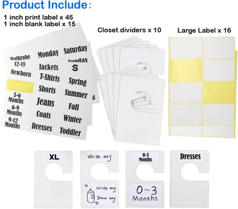 10 Pack White Clothing Rack Size Dividers Plus 60 Labels (1 Inch) and 16 Large Blank Labels, Large Rectangular Clothing Closet dividers (Pearl Whi...