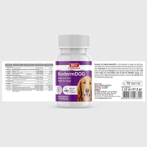 Bio Pet Active BiodermDOG 0.5 Zinc and Biotin Tablets for Dogs, Immune System, Skin, Coat and Nail Support for Dogs, 1.32 oz, 75 Chewable Tablets...
