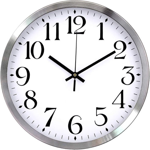 TopOne Silent Wall Clock,Battery Operated 12 inch Accurate Sweep Movement Silver Aluminum Quartz Kitchen/Home/School Patio Decor(White)...