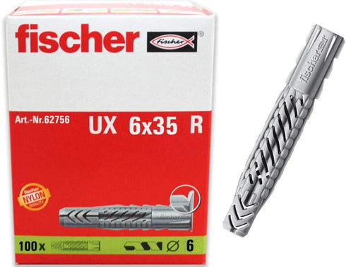 fischer Universal Plug UX 6x35 R (with Rim)100pcs Use in All Solid Hollow and Board Building Materials Holds in Concrete Masonry Gypsum Plasterboa...