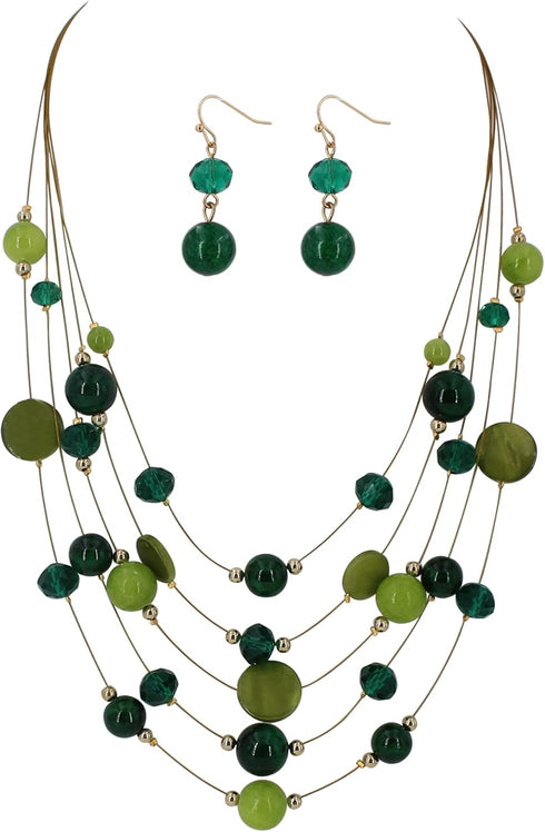 Layered Bead Statement Necklace For Women with Handmade Colorful Shell Boho Turquoise Green Red Stone Fashion choker Illusion Necklace Costume Tre...