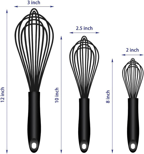 Dishwasher Safe Silicone Whisk, Sealed Waterproof Design Set of 3, Professional Kitchen Whisks for Cooking Non-Scratch, Silicone & Stainless Steel...