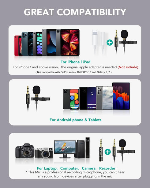 PoP voice Professional Lavalier Lapel Microphone Omnidirectional Condenser Mic for iPhone Android Smartphone,Recording Mic for Youtube,Interview,V...