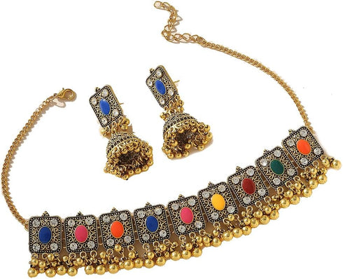 Chargances Indian Jhumka Jhumki Necklace Bollywood Wedding Traditional Bell Beaded Choker Necklace for Women Bridal Halloween (Colorful)...