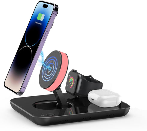 Wireless Charger, 4 in 1 Fast Charging Station,Colorful Night Light,Qi Foldable Magnetic Wireless Phone Charger Stand for iPhone, Apple iWatch, Ai...