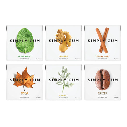 Simply Gum | Variety Pack - Peppermint, Cinnamon, Ginger, Fennel, Maple, Coffee | Plant- Based Chewing Gum | Synthetic Plastic Free + Aspartame Fr...