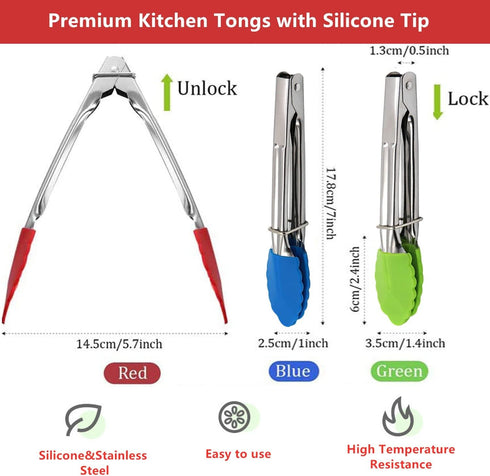 Mini Kitchen Tongs with Silicone Tips,Silicone Serving Tongs of 3 set,7 inch Non-stick Small Tongs with Stainless Steel Silicon Handles, Heat Resi...