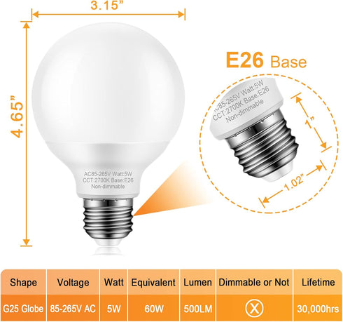 4 Pack Warm White Bathroom Light Bulbs, 60 watt Equivalent, E26 Medium Base, G25 LED Globe Light Bulbs for Bathroom Vanity, 2700K Round Light Bulb...