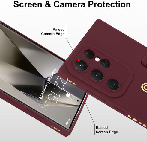 Fiyart Designed for Samsung Galaxy S24 Ultra Case with Phone Stand Holder Cute Love Hearts Protective Camera Protection Cover with Wrist Strap for...