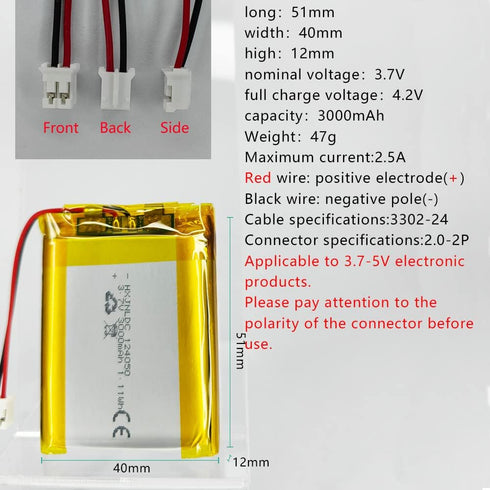 DC 3.7V 3000mAh 124050 Rechargeable polymer lithium battery for DIY 3.7-5V Electronic Product, Mobile Energy Storage Power Supply...