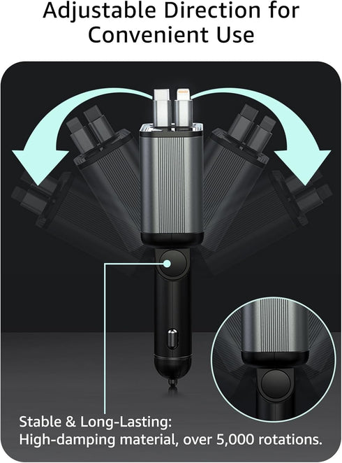 4-in-1 Retractable Car Charger - 90W Fast Car Phone Charger with Dual Retractable Cables (USB-C & iOS) and USB Ports, Compatible with iPhone 15/14...