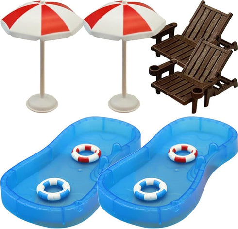 Toyvian 2 Sets Doll House Swimming Pool Swimming Ring Folding Beach Sunbath Chair Simulation Miniature Craft Furniture Pool Toys Photo Props for D...
