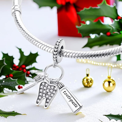 Toothbrush Charms compatible with Bracelets and Necklaces Clips Women's Bead Charms with Cubic Zirconia Dangle Spacer Birthday Gifts for Women's...