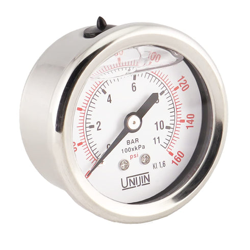 P251 Series 2" Dial, Oil Filled Pressure Gauge w/Brass Internals, 0-160 PSI/kPa, ±1.6% Accuracy, 1/4" NPT, Back Mount...