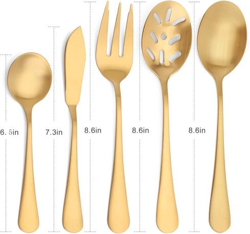 Matte Gold Serving Set?SHARECOOK 5-Piece 18/0 Stainless Steel Large Hostess Set with Round Edge, Satin Finished, Dishwasher Safe -Spoons, Forks,Bu...