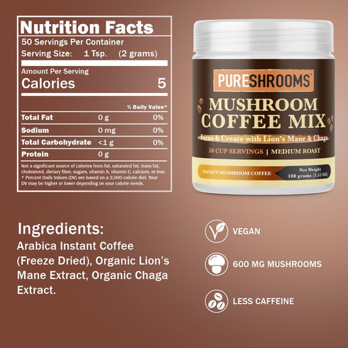 Focus & Create Adaptogenic Instant Mushroom Coffee – 50?Serve Pack with Lion’s Mane & Chaga – Brain, Focus & Immune Support (100g)...