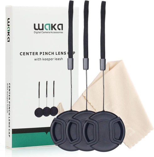 waka 3 Pack 55mm Center Pinch Lens Cap Cover with Tether for Nikon D3500 D3400 D5600 D7500 with AF-P 18-55mm f/3.5-5.6G VR Kit Lens & Other 55mm T...