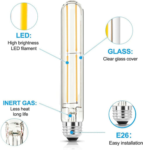 7.3 Inch E26 Led Bulb 60 Watt Dimmable,5000K Daylight Edison Bulbs,6W Tubular T10 Long Clear Glass Light Bulb for Rustic Pendant,Industrial Pipe,W...