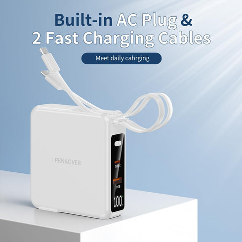 Portable Charger with Built-in Cables&AC Wall Plug, 10000mAh Wireless Charging Power Bank, PD 22.5W Fasting Charging USB C Battery Pack Compatible...