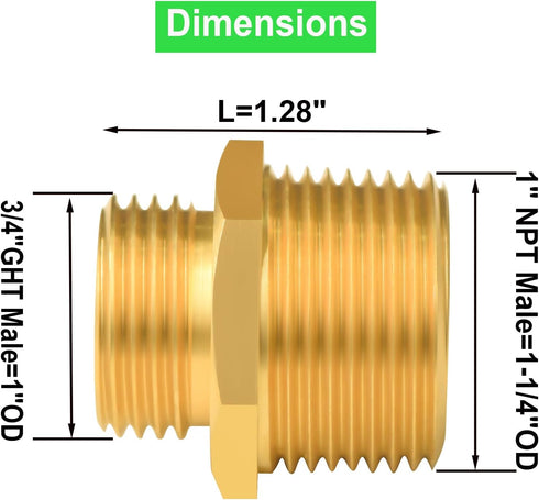 3/4" GHT Male x 1" NPT Male Garden Hose Adapters, Brass Garden Hose Repair Fittings, Water Hose Connector (2 Pack Brass)...