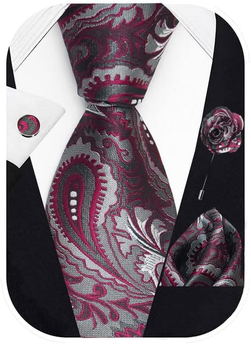 Paisley Ties For Men – Tie Set With Pocket Square Cufflinks & Flower Brooch Pin For Mens (APN1) (Pack of 4)...