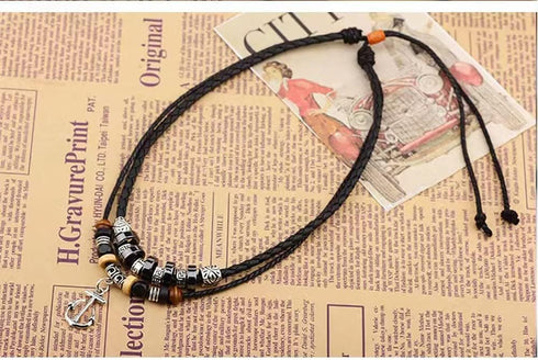 Men Black Leather Necklace Vintage Tribal Style Boho Hipppie Double Layered Black Braided Beaded Anchor Pendant Pirate Necklace...