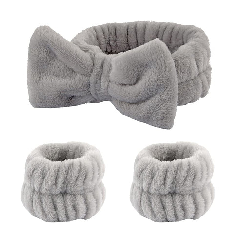 3 Pcs Bow Face Wash Headband Wristband Set Soft Spa Facial Headband Makeup Skincare Headbands Wrist Bands for Washing Face Grey...