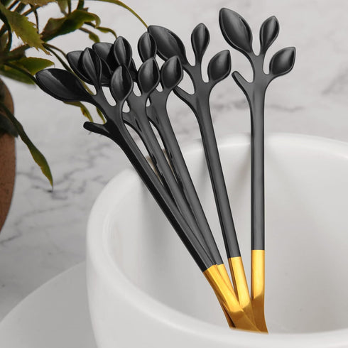 AnSaw 8-Pieces Small Coffee Spoons and 8-Pieces Desserts Forks, 4.7-inch Stainless Steel With Leaf Handle (Black & Gold)...