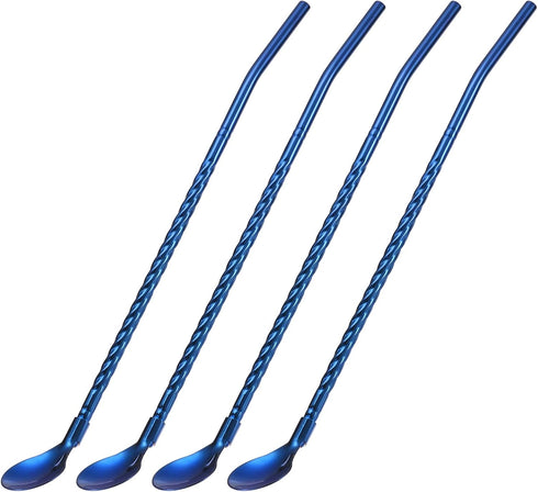 uxcell Stainless Steel Spoon Straws, 4Pcs 8.6" Reusable Metal Long Handle Drinking Straws Spoon for Milkshake Drinks Cocktail, Blue...