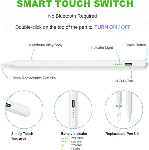Stylus Pen for iPad 2018-2023 with Palm Rejection, Magnetic Stylus Pen, Active Pencil for iPad 10/9/8/7/6 Generation, iPad Pro 11/12.9 inch, iPad ...