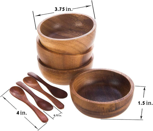 Set of 4 Small Round Acacia Wooden Bowls 3¾ Inch Diameter 1½" High With Spoons - Stackable Mixing Bowl Salad Soup Snack Dip Sauce Charcuterie Wood...