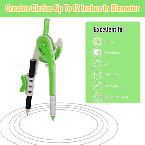 EBOOT Student Geometry Math Set, Drawing Compass and 6 Inch Clear Swing Arm Protractors 180 Degree Math Protractor (Green)...