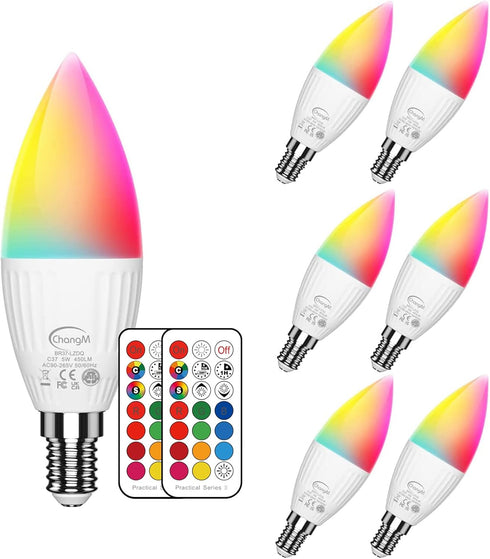 E12 LED Light Bulbs 5W, 40W Equivalent, Small Base B11 Candelabra Light Bulbs, Set of 6 LED Color Changing Light Bulbs, Dimmable Color Candle Bulb...