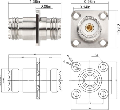 XRDS -RF SO239 to SO239 Chassis Mount Connector 2-Pack, SO239 UHF Female to Female 4 Hole Flange Panel Mount Adapter for PL259 UHF Antenna, CB &Am...