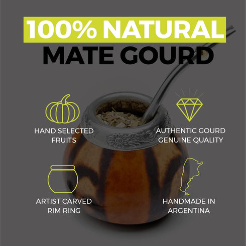 BALIBETOV Yerba Mate Gourd Set (Original Natural Handmade Yerba Mate Cup Argentina) - Includes Mate Tea Cup, Bombilla (Mate Straw) and Clean Brush...